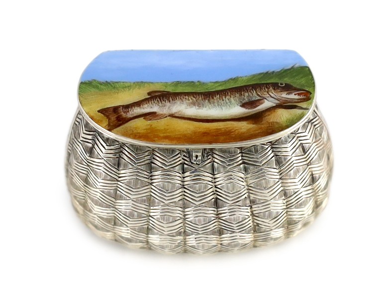 A Victorian novelty silver and enamel vesta case, modelled as a fishing creel, by George Wilkinson?